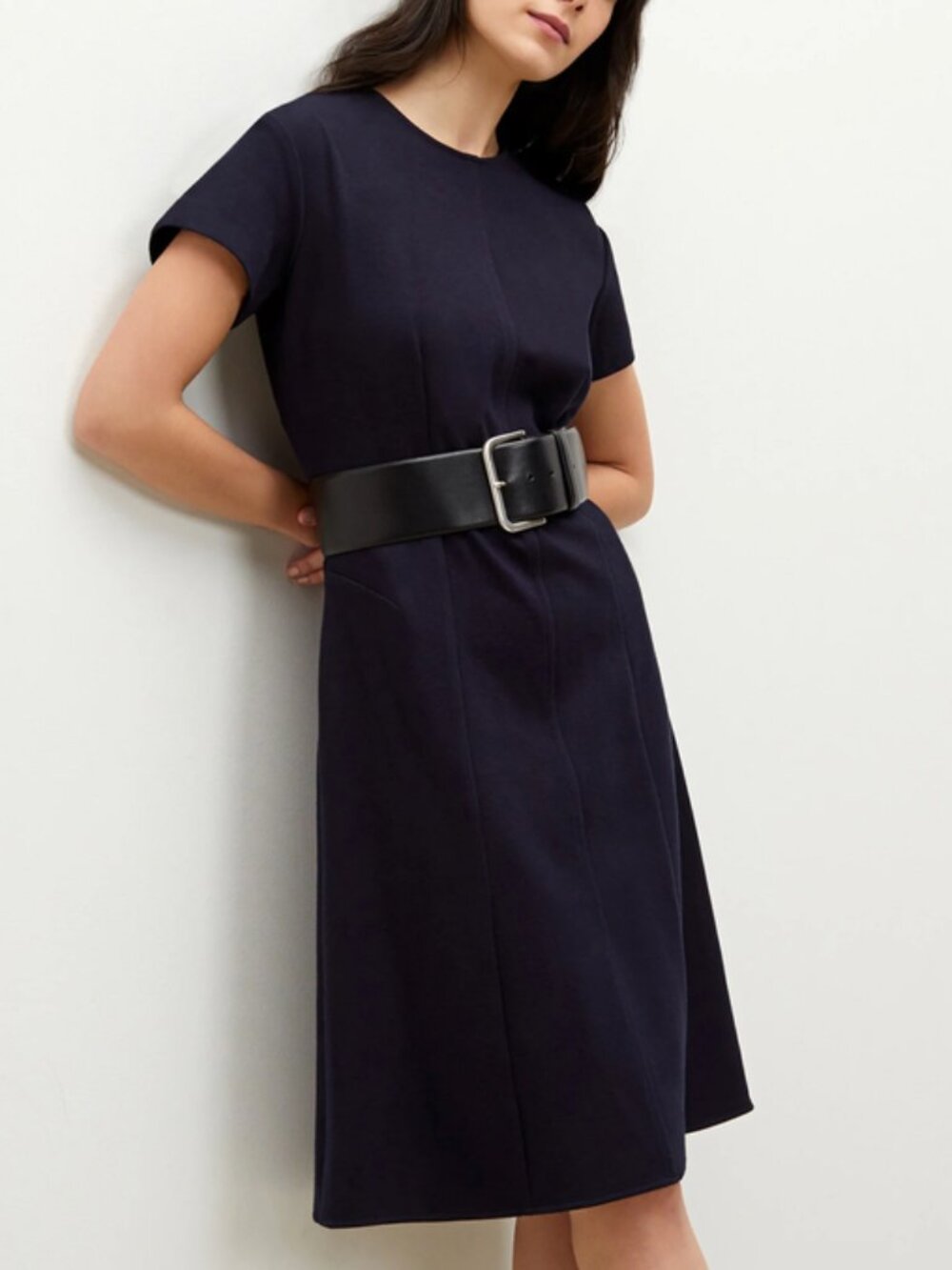 MM LaFleur navy Coretta Dress Blue Twee High Neck Sheath Textured Ponte